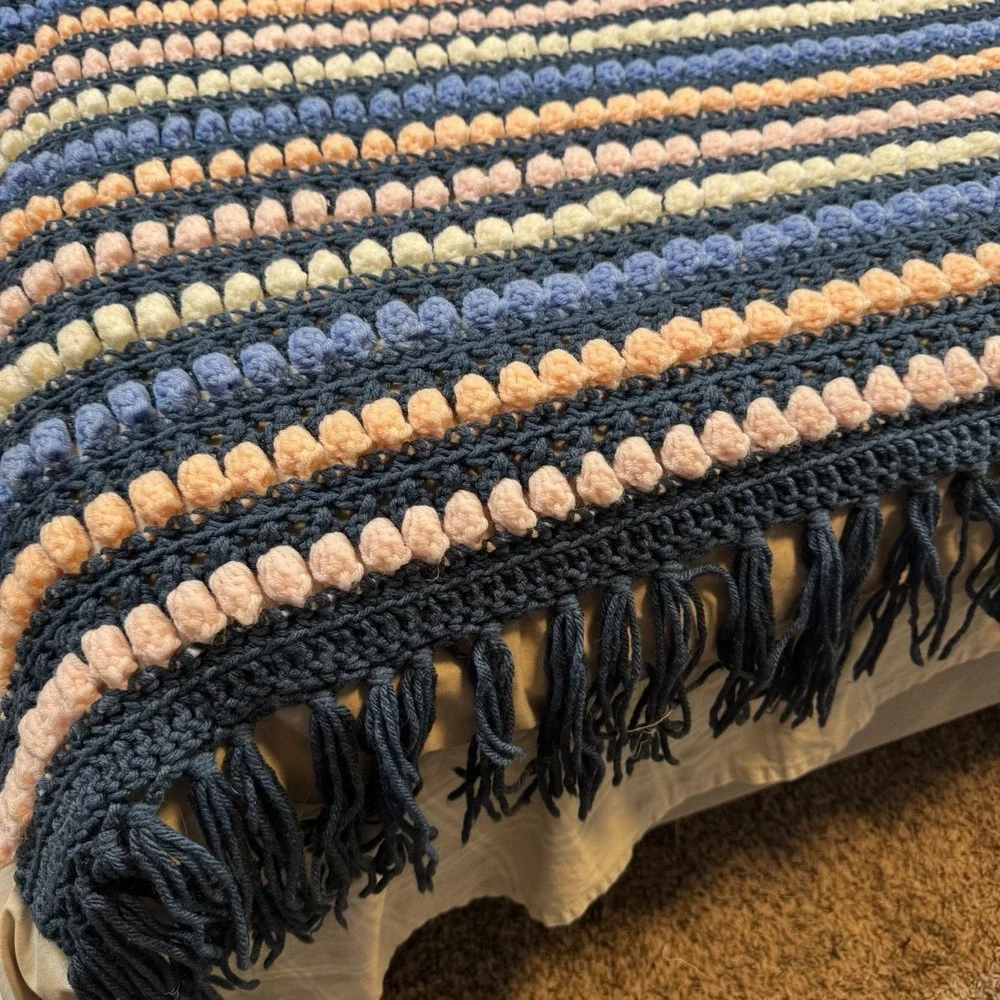 Vtg Colorful Fringe Bobble Crochet Knit Heavy Blanket Afghan 76